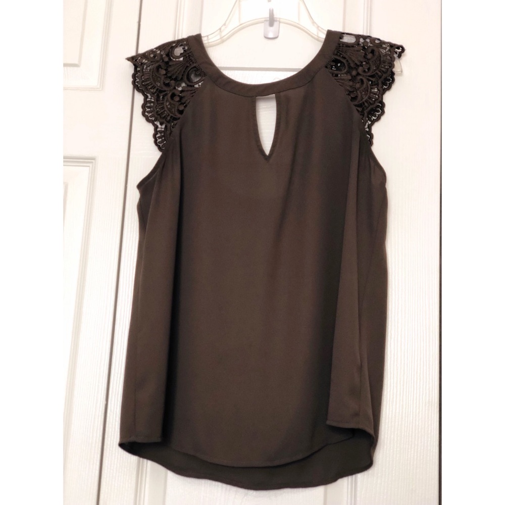 Express Brown Blouse with Open Back and Ties and Embroidered Sleeves